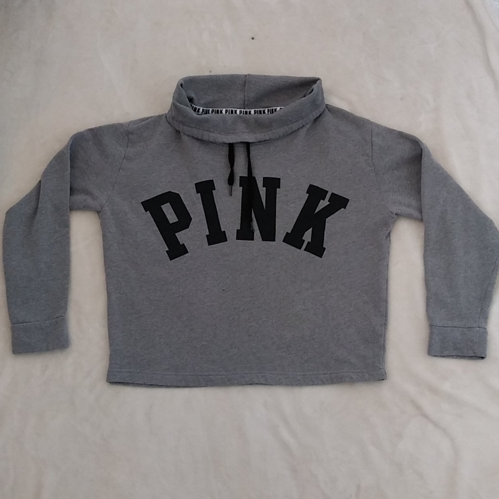 Grey and black PINK crop top cowl neck hoodie